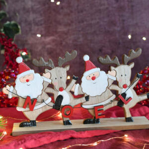 Pères Noël et rennes en bois à poser Rouge
