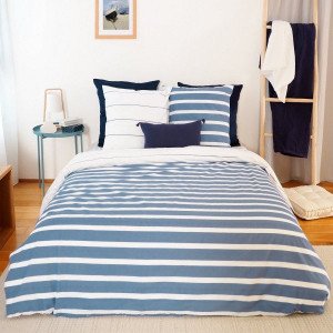 Housse de couette et deux taies coton (260 cm) Stripes Bleu foncé