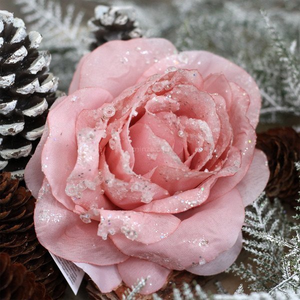 Fleur décorative sur pince pailletée Rose poudré