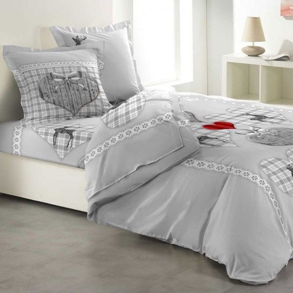 Juego de sábanas piezas cama de 160 cm 100 % franela de algodón Corazón vichy Gris - Ropa de cama - Eminza