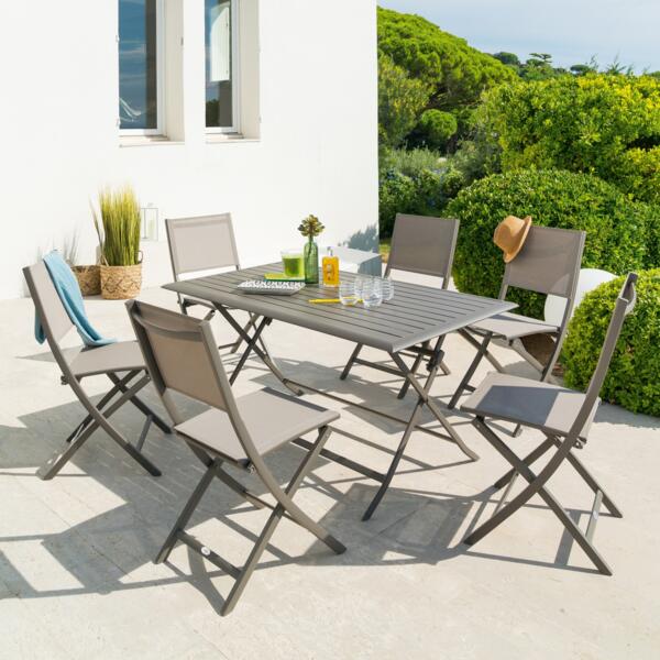 Mesa de jardín plegable Aluminio (6 personnes) - Marrón - Conjunto de jardín, mesa y silla - Eminza