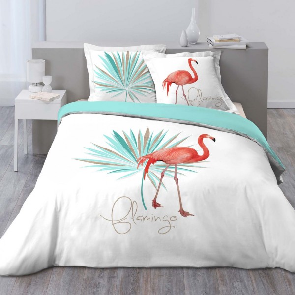 nórdica y dos fundas para almohadones en algodón (260 cm) Flamingo Blanco y azul - Ropa cama - Eminza