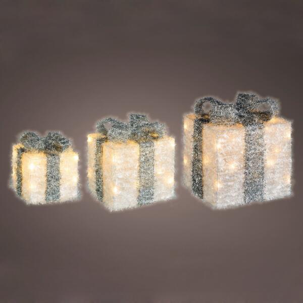 Set de 3 cadeaux ruban gris lumineux Blanc chaud 65 LED