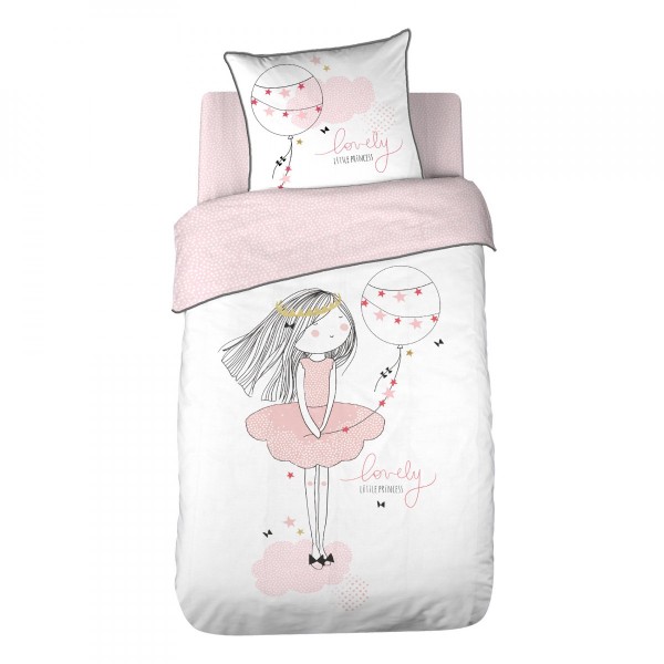 Funda nórdica y funda para almohada cuadrada de algodón (140 cm) Pimpinela Rosa pastel y blanco - Textiles para niños - Eminza