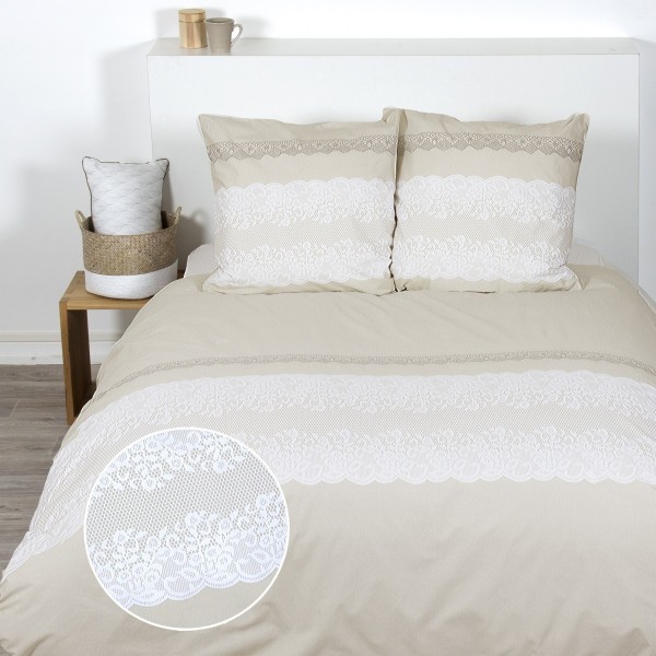 Funda nórdica y dos para almohadas cuadradas de algodón (240 cm) Calilia Beige y blanco - Ropa de cama - Eminza