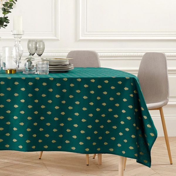 Regan ik betwijfel het minimum Rechthoekig katoenen tafelkleed (L240 cm) donker groen met gouden blaadjes  - Tafellinnen - Eminza