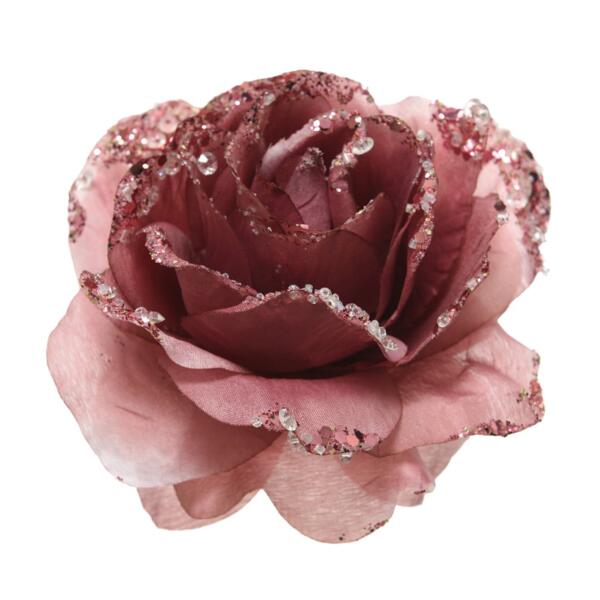 Fleur décorative sur pince pailletée Vieux rose