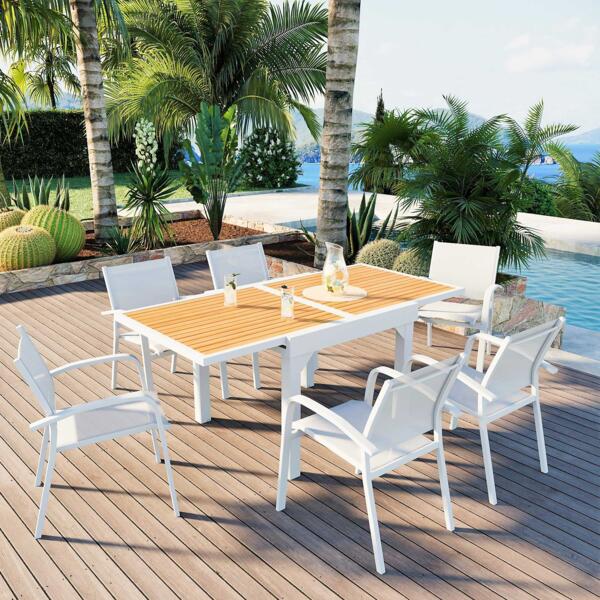Mesa de jardín extensible 8 personas Aluminio efecto madera Murano (180 x 90 cm)- Blanca