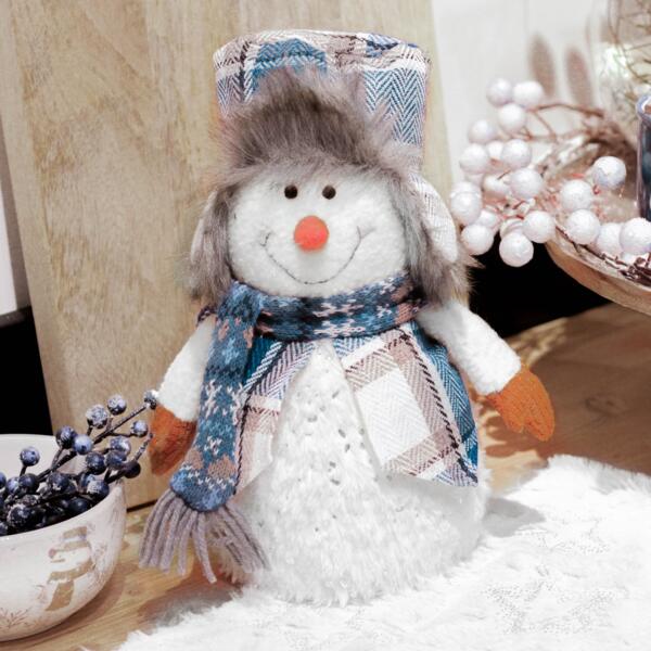 Déco de Noël Peluche Bonhomme de Neige avec bonnet et écharpe H 38 cm