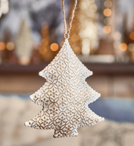 Wei�er Weihnachtsanh�nger in Form eines Tannenbaums mit goldenen Motiven