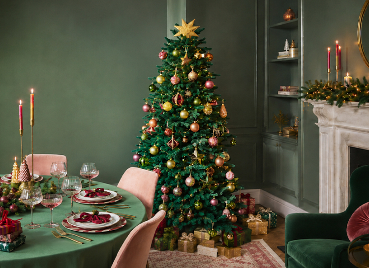 Gro�er Weihnachtsbaum, in Rosa und Gr�n geschm�ckt