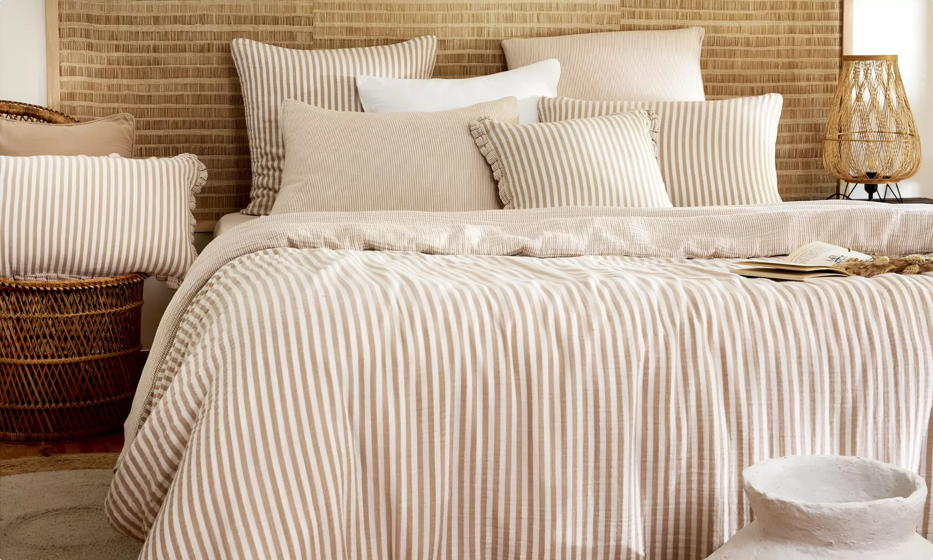 housse de couette gaze de coton à rayures beige