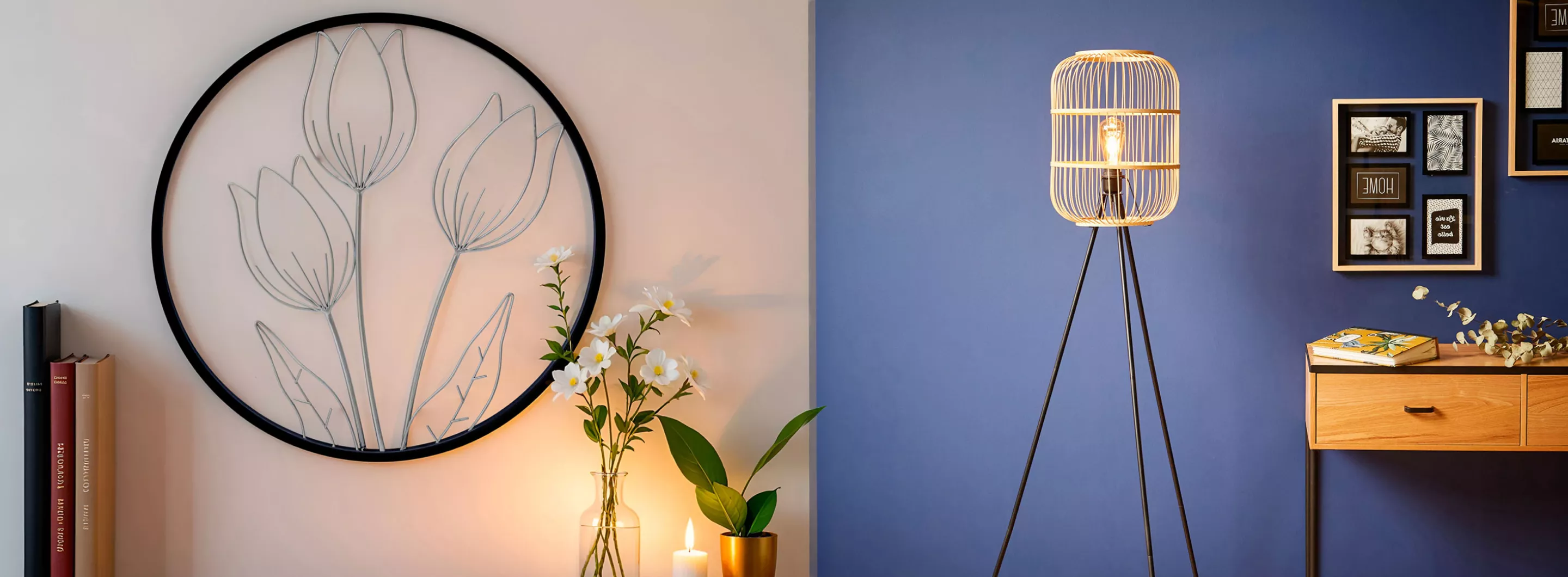 Decoración mural de metal negro y lámpara de pie de ratán.