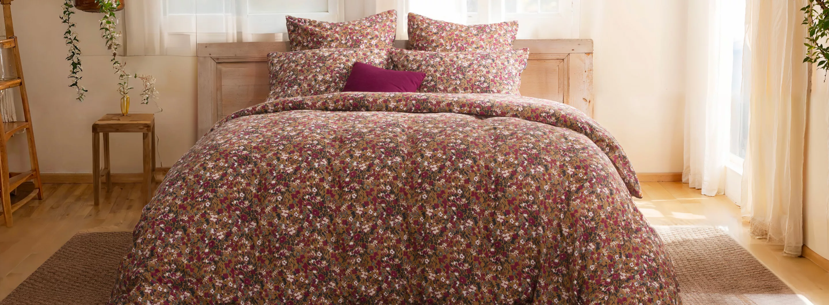 housse de couette en gaze de coton motifs fleuris camel