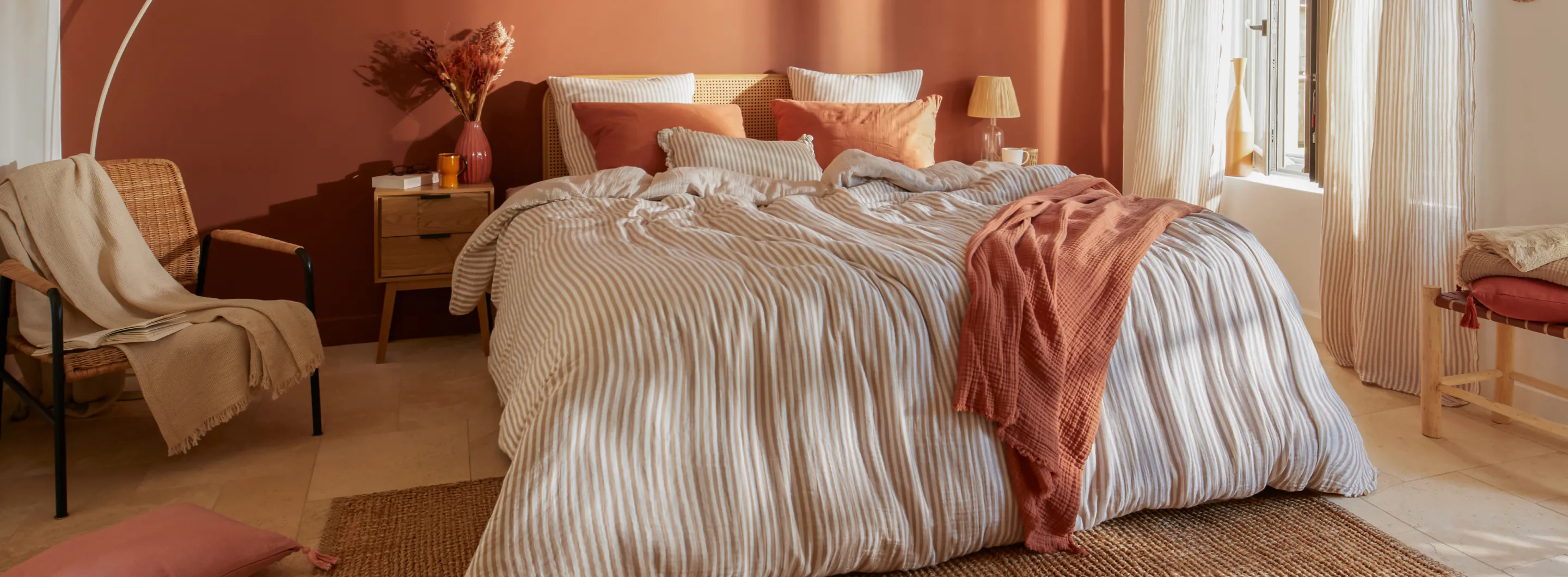 ropa de cama de gasa de algodón a rayas beige