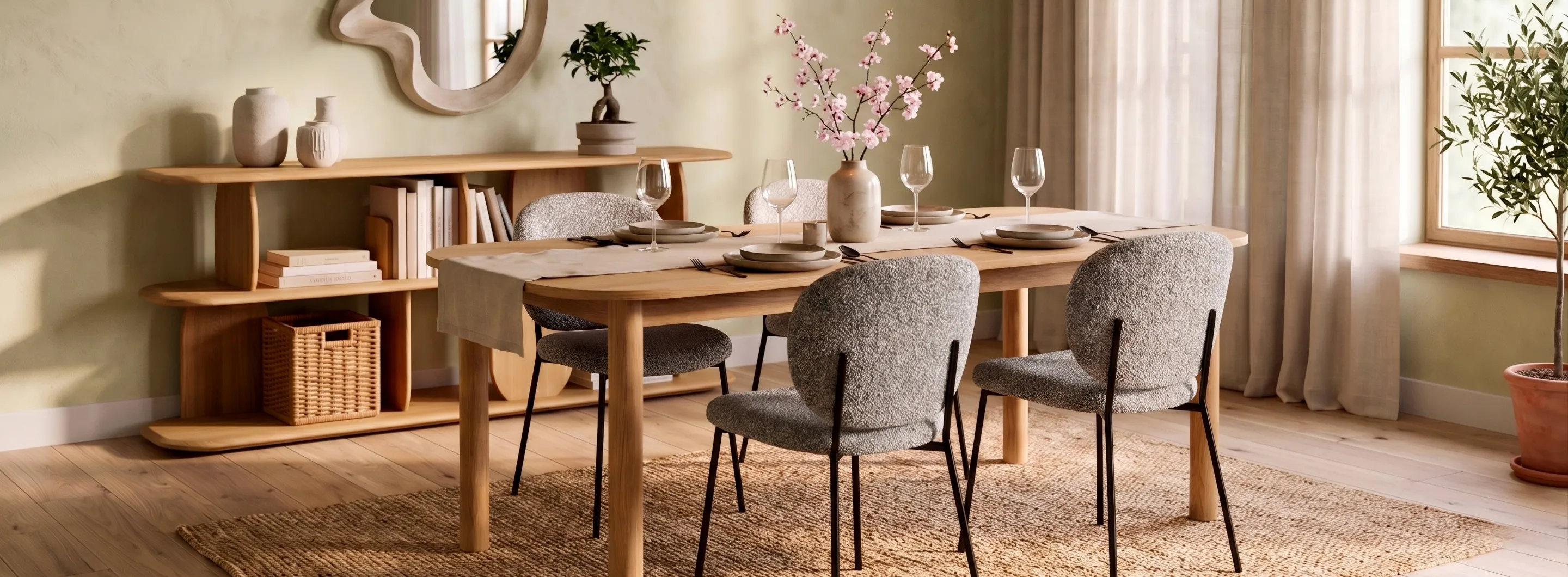 table repas en bois et chaises en metal et laine bouclée