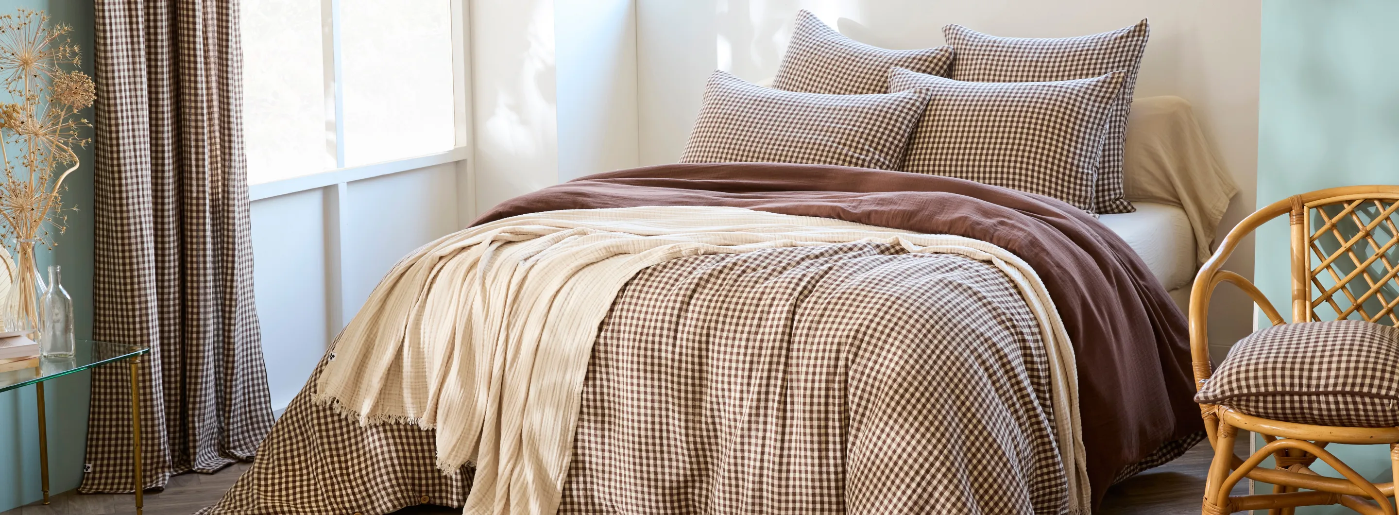 housse de couette en gaze de coton motif vichy marron