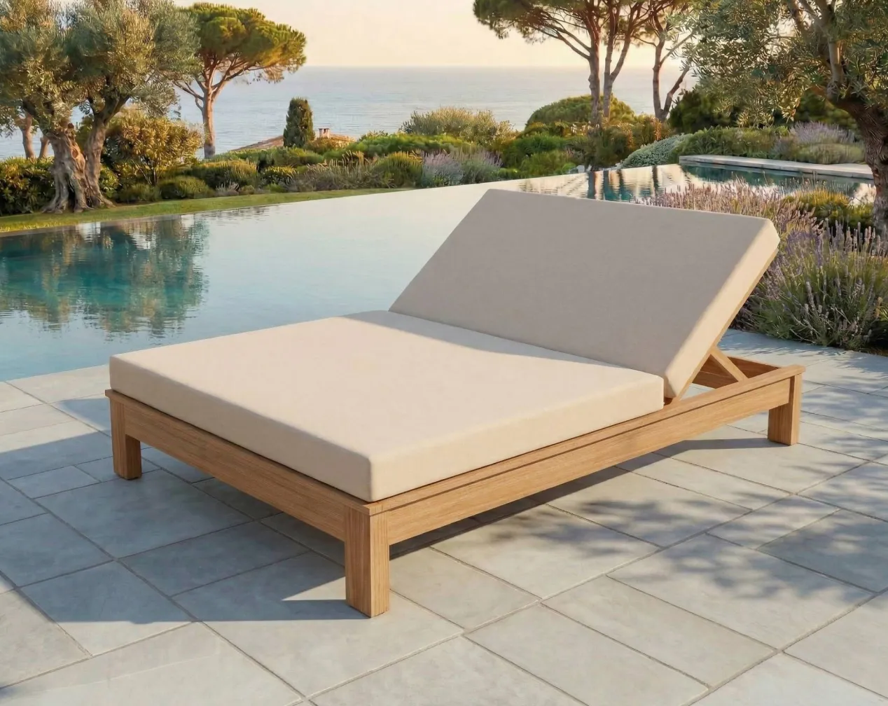 beige dubbele ligstoel van acaciahout