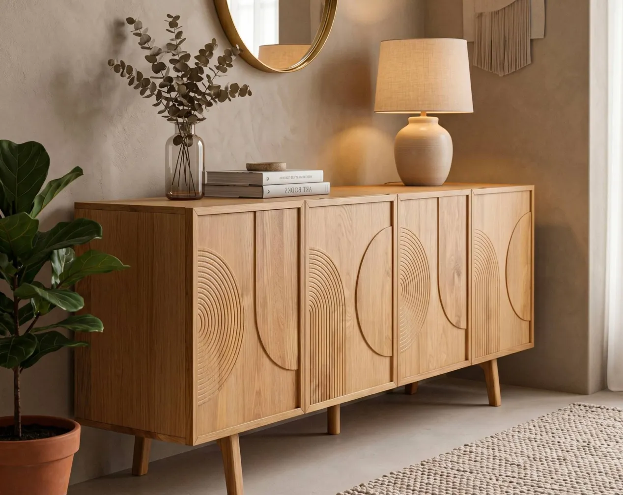 buffet 4 portes en chêne motifs arrondis
