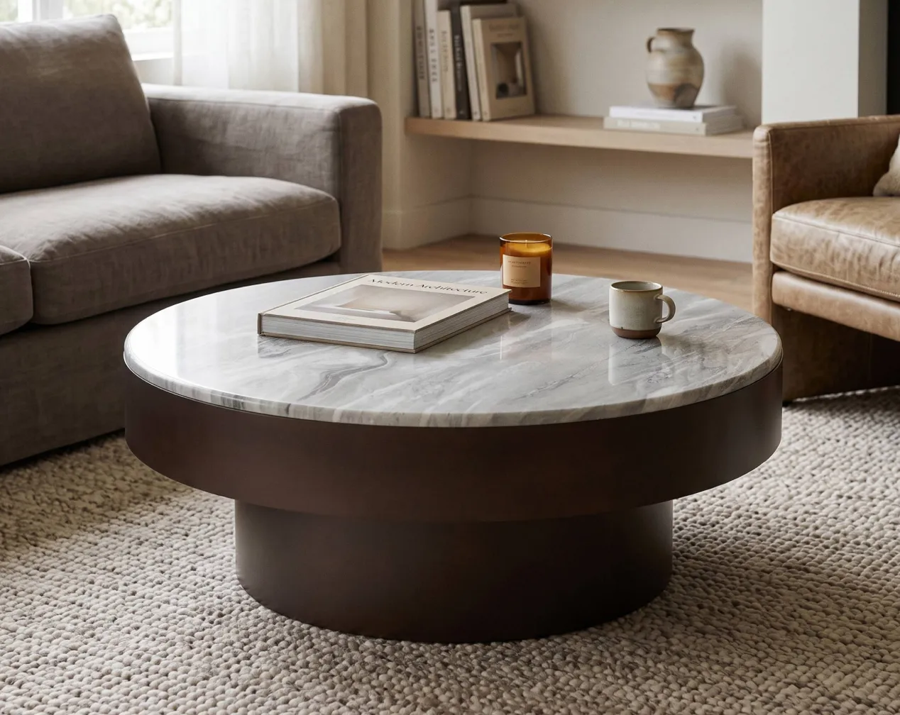 table basse ronde en métal et bois marron