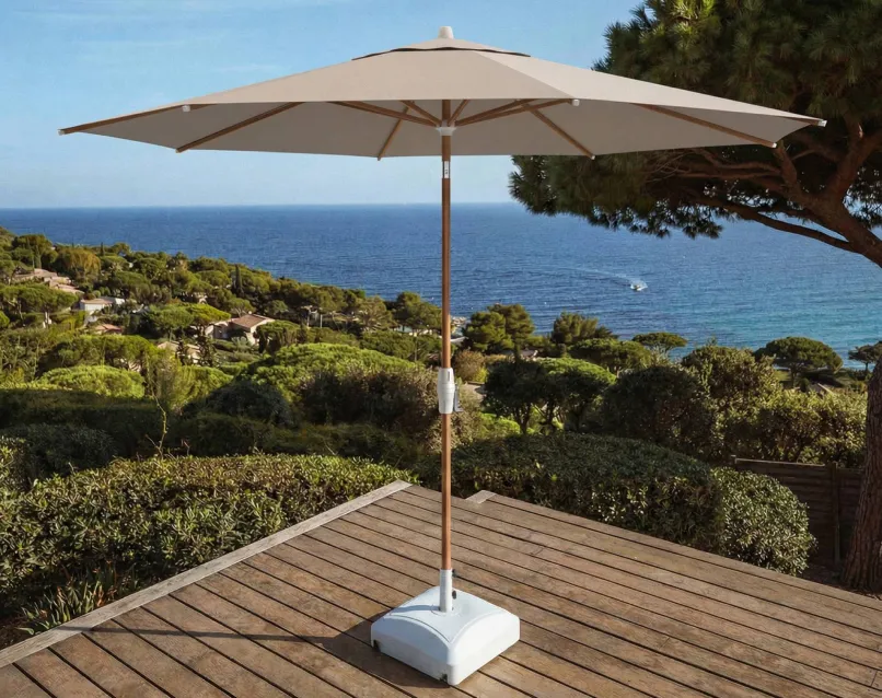 ronde parasol van aluminium met beige houtlook