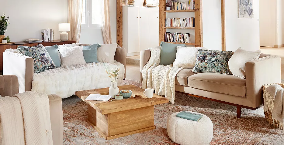 plaid et coussins vert eucalyptus