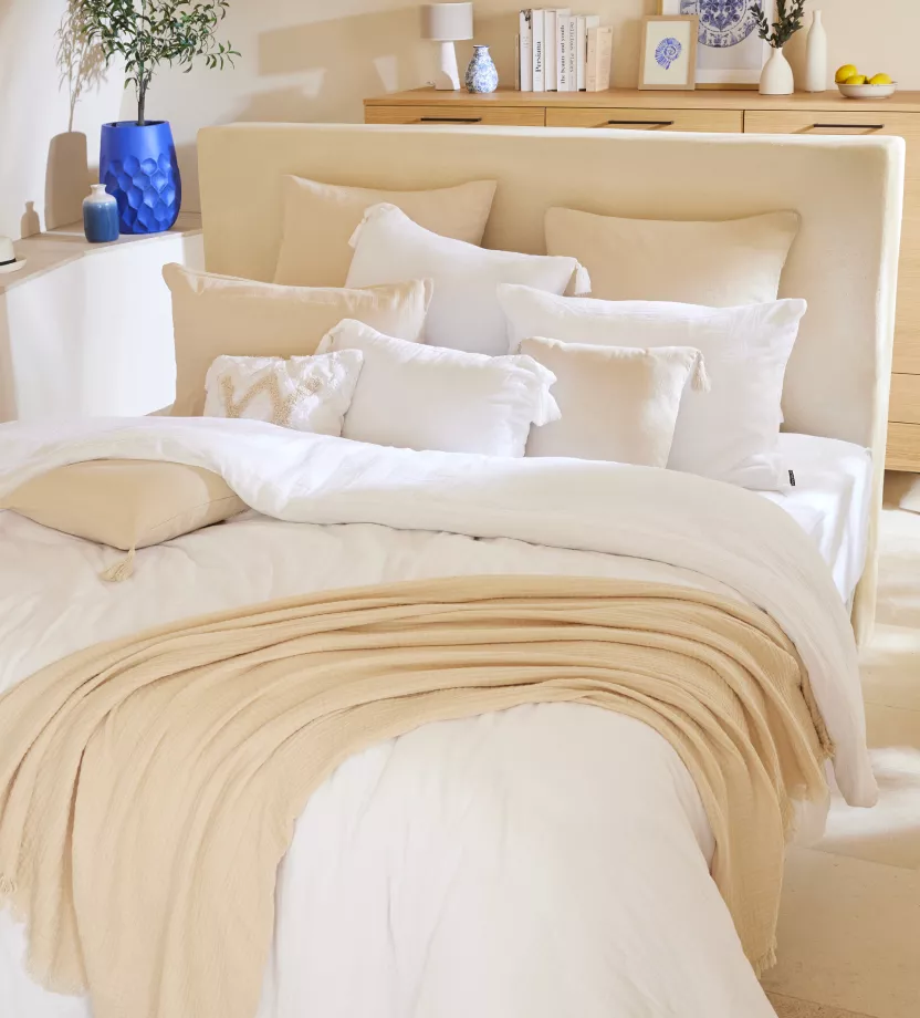 housse de couette en gaze de coton blanche et beige