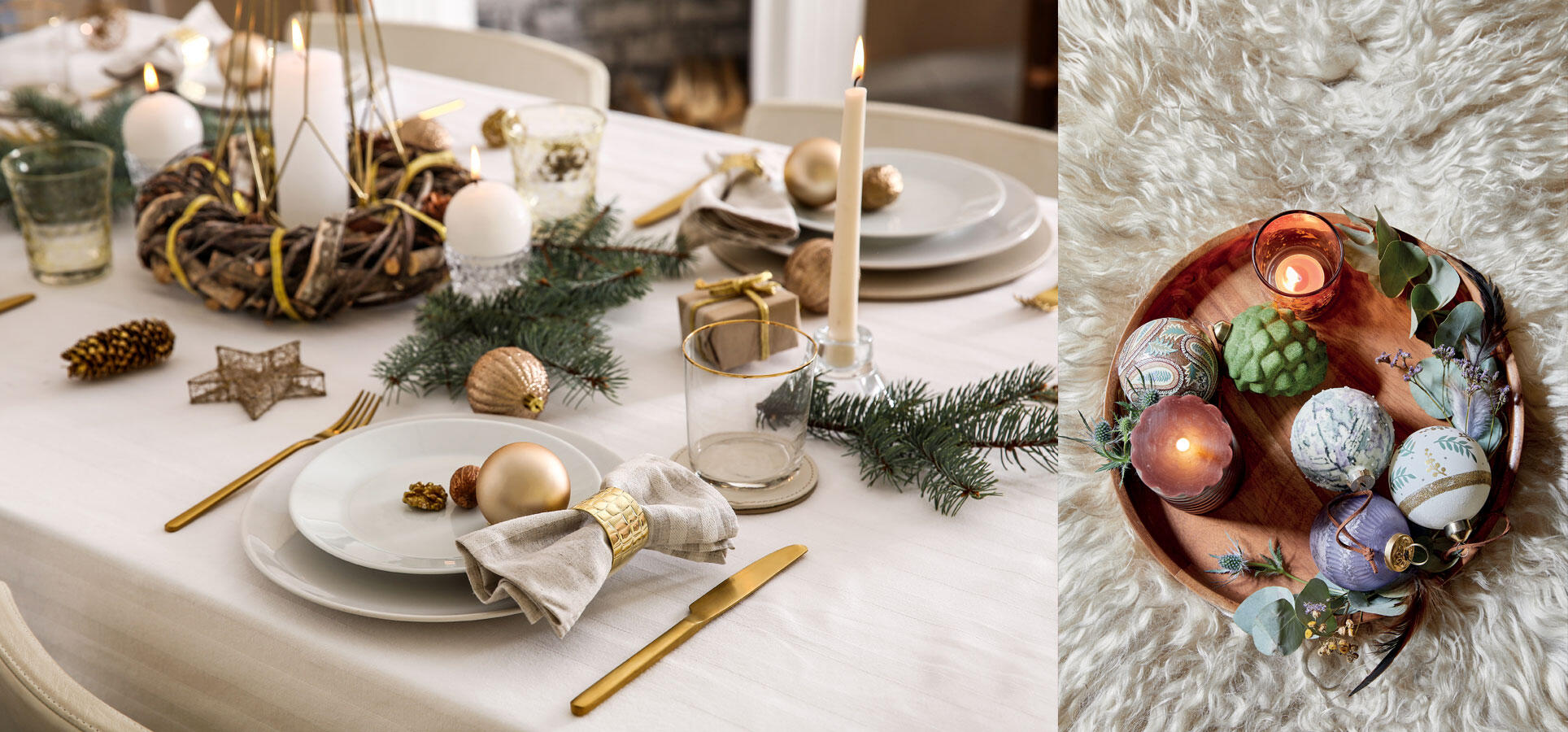 Mesa navideña natural decorado con bolas de navidad