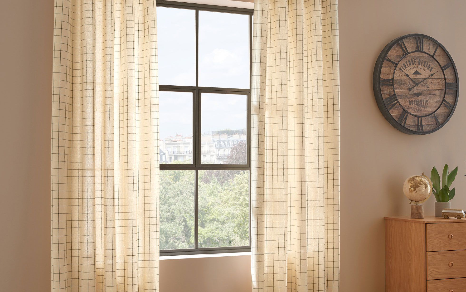 rideau en coton à grands carreaux beige