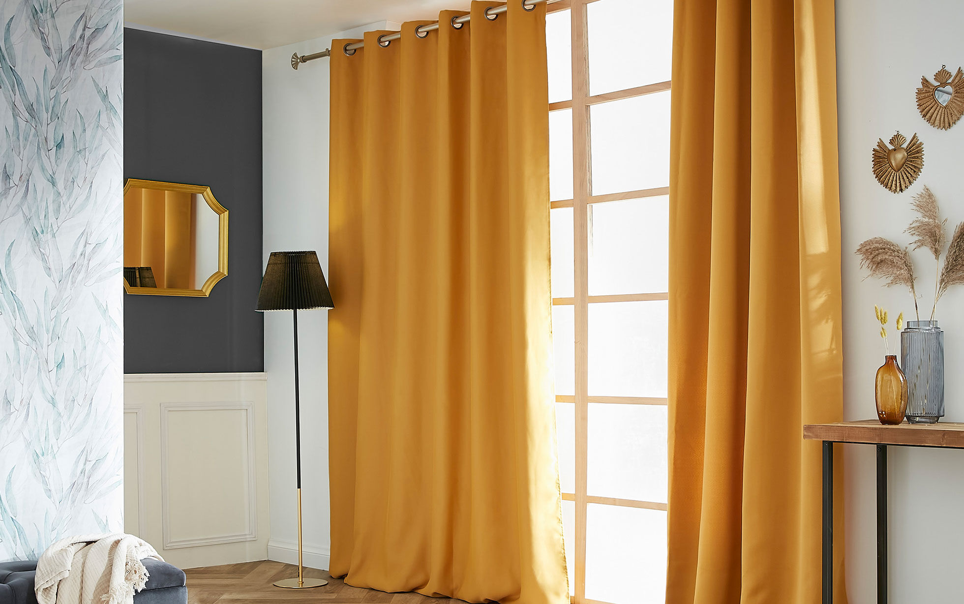 rideau à oeillets occultant jaune moutarde pour salon