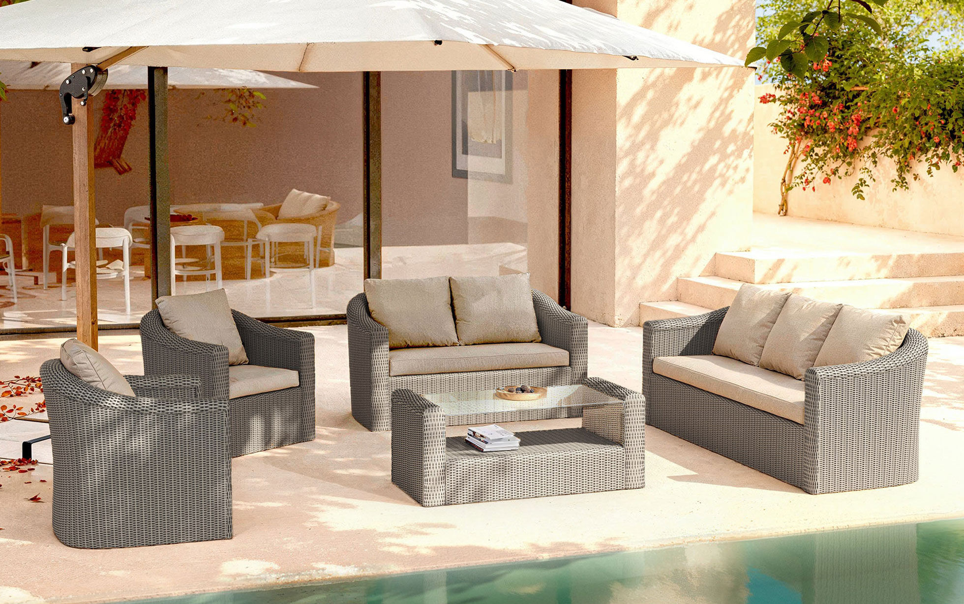 salon de jardin en résine tressée gris et taupe