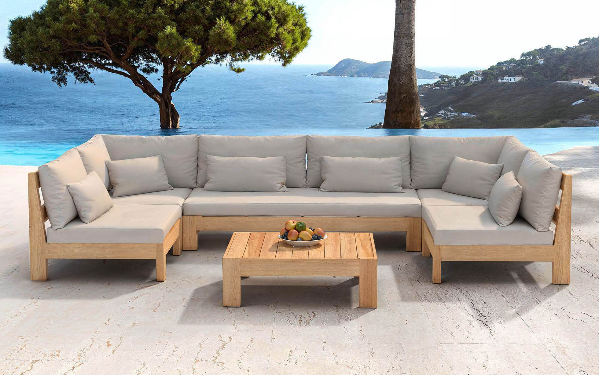 Eck-Gartenmöbelgarnitur aus Akazienholz für 7 Personen Kissen Sand