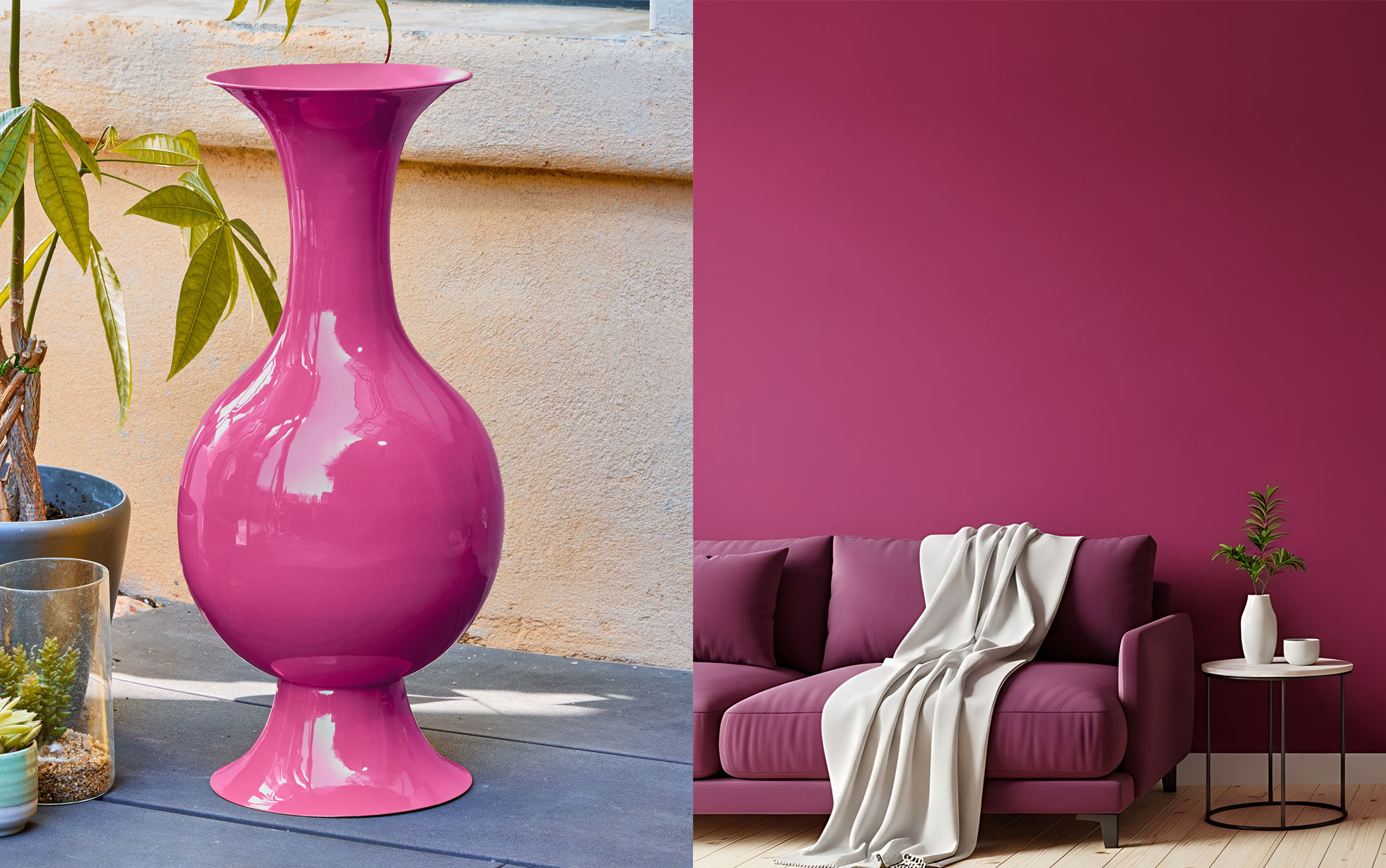 vase en métal émaillé fuschia et murs prune