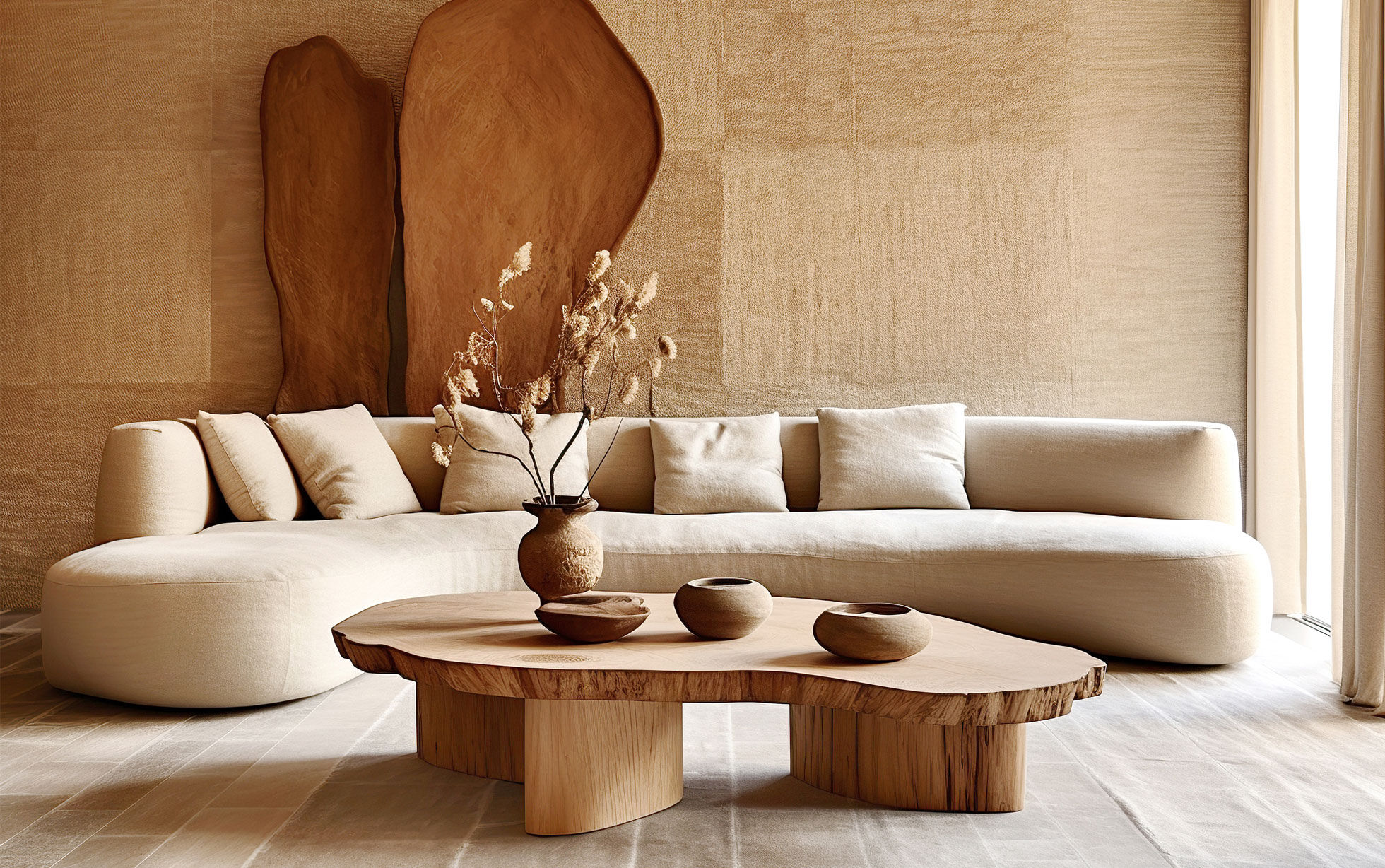 divano arrotondato beige e tavolo in legno massiccio