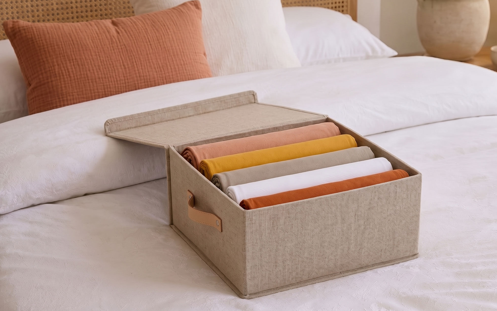 drap housses roulés dans une boite de rangement beige