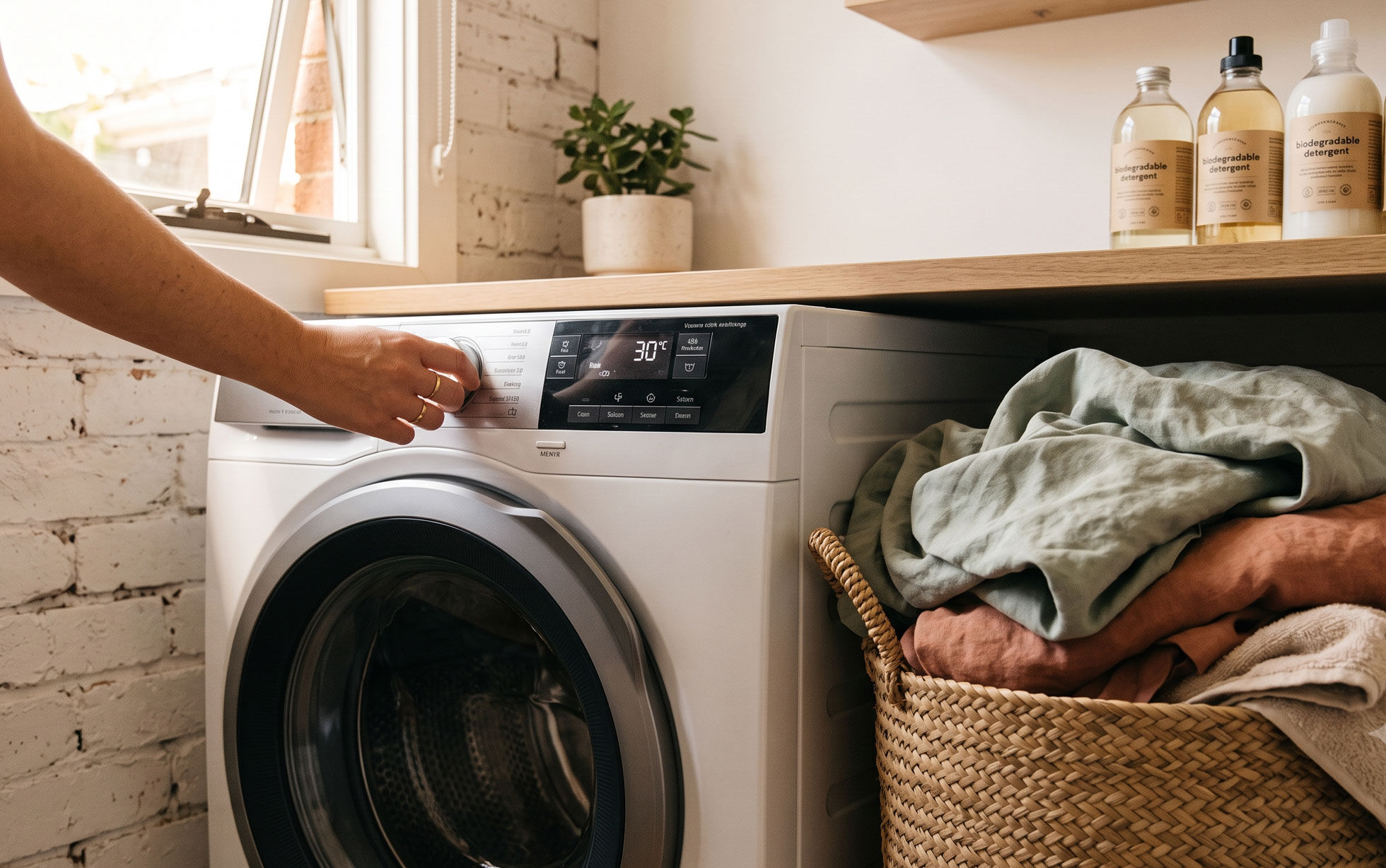 buanderie avec machine à laver et pile de linge dans un panier