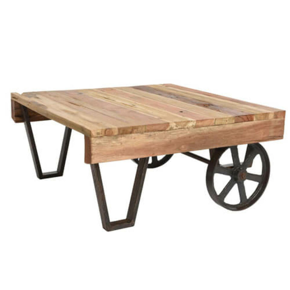 table en bois et métal à roulettes