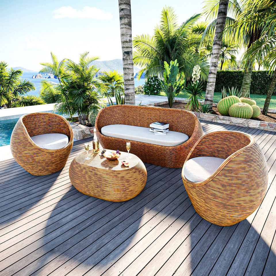 EMINZA - Salon de jardin en rotin 5 places Trinidad - Naturel/Beige