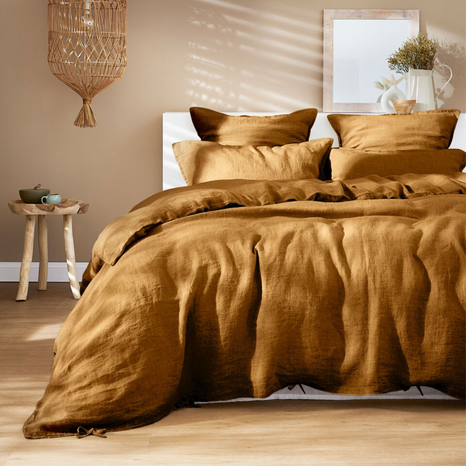 housse de couette en lin lavé camel