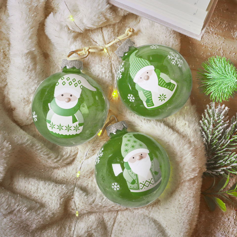 bolas de navidad de cristal con motivo de Papá Noel verde romero