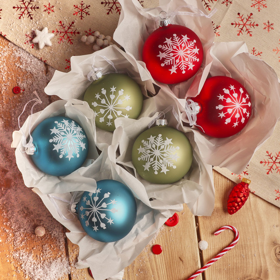 Palline di vetro natalizie con motivo a fiocco di neve multicolore