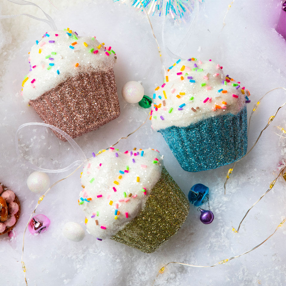 cupcakes colgantes multicolores de pailete