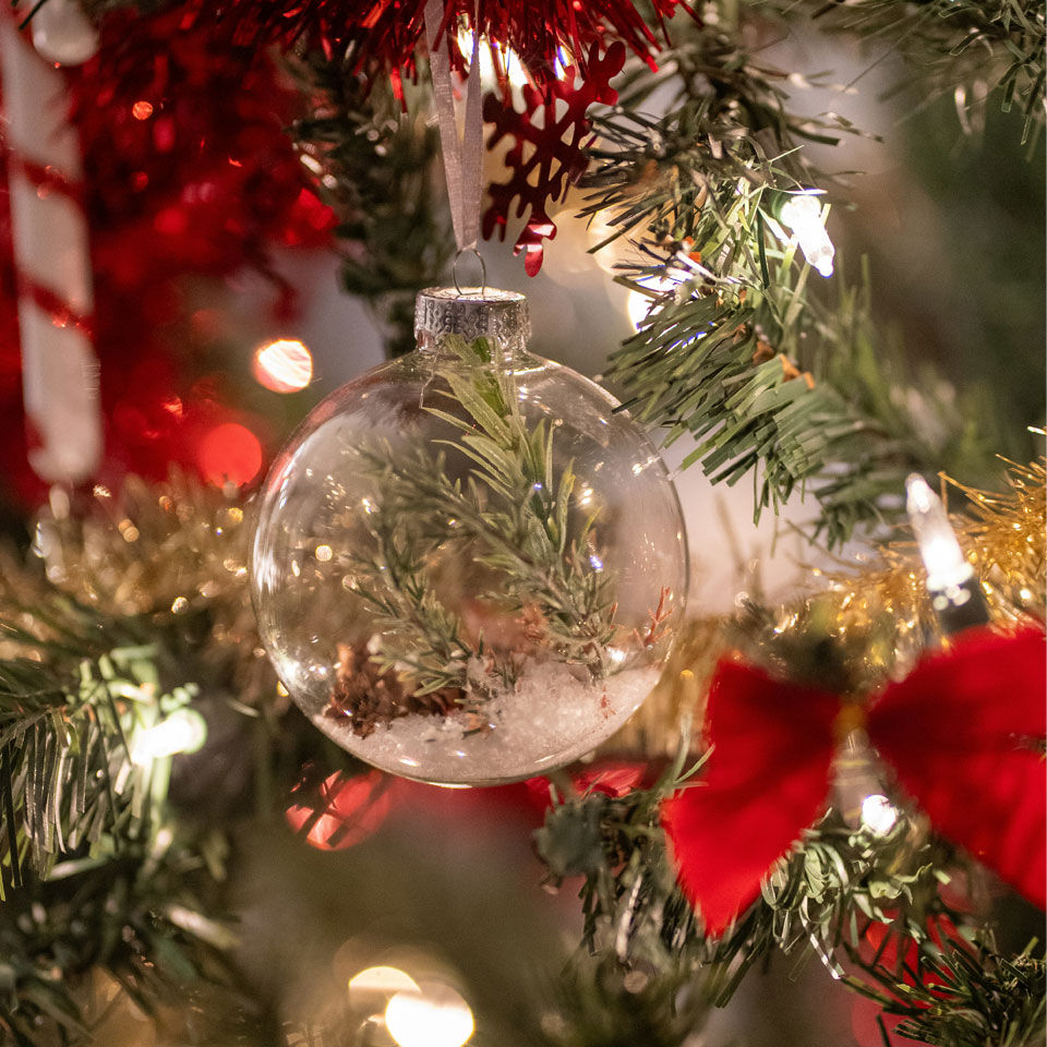 boule de noël remplie d'une branche de sapin