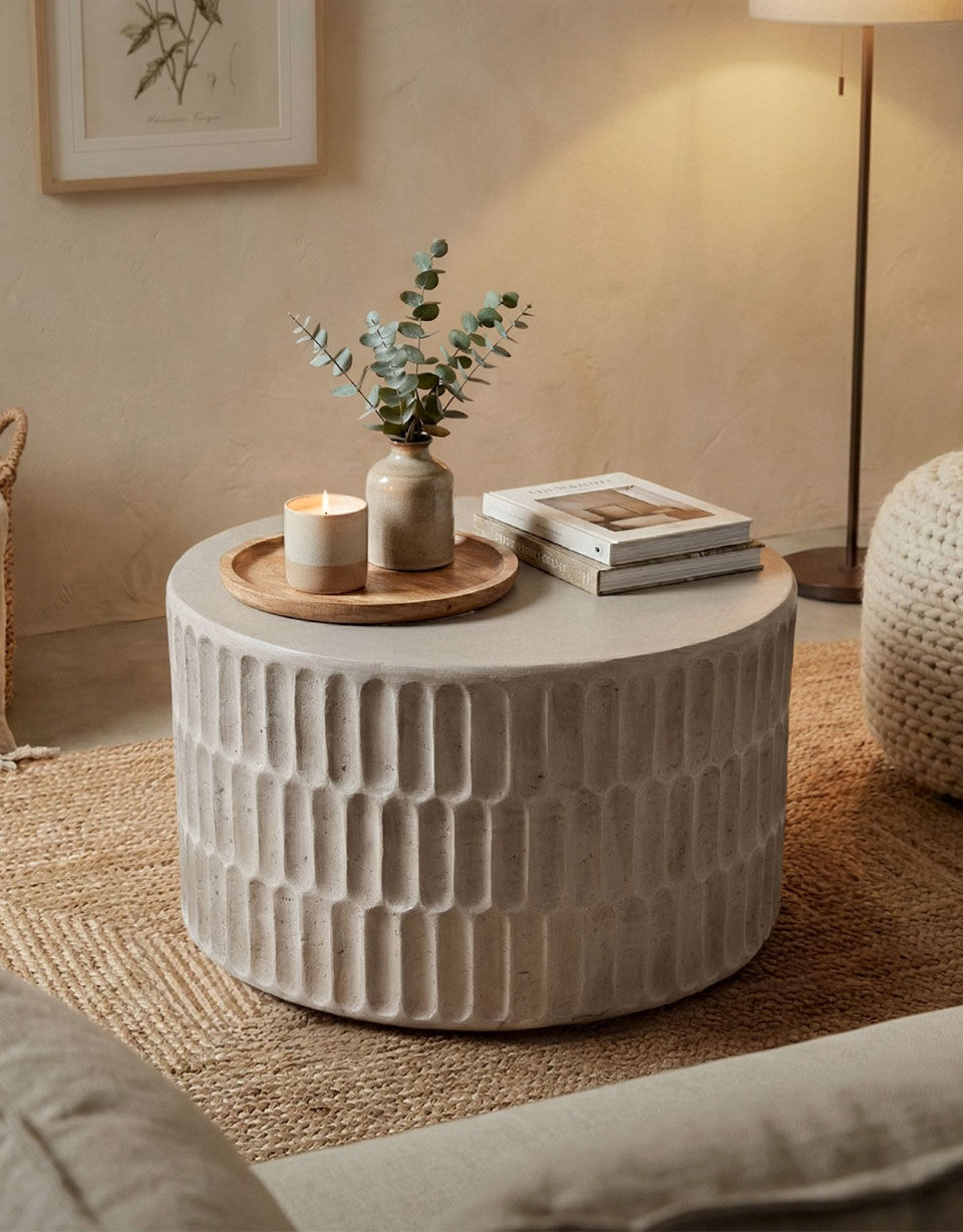 tavolino rotondo in pietra bianca