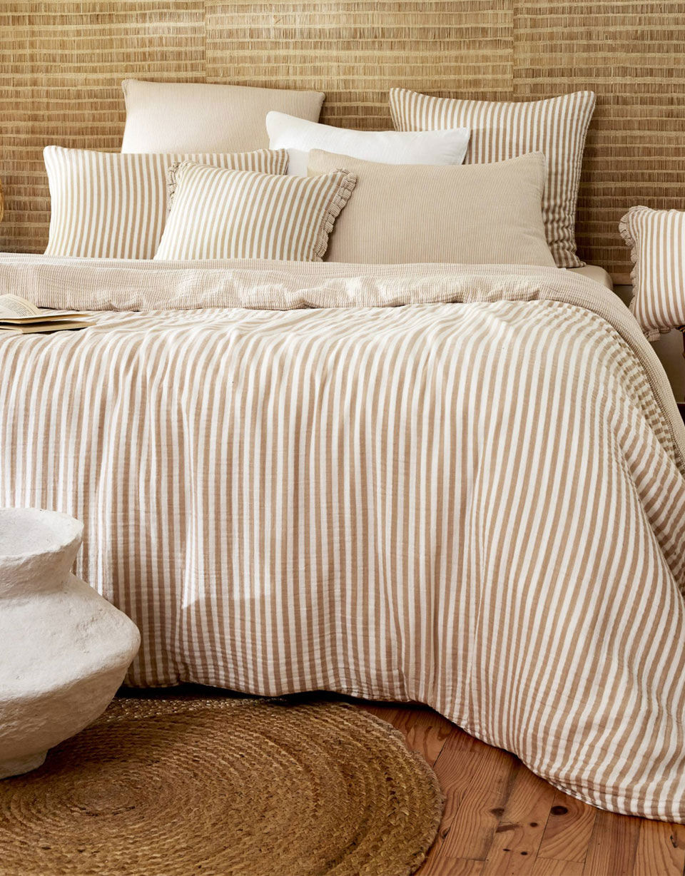 Funda nórdica de percal de algodón con rayas beige