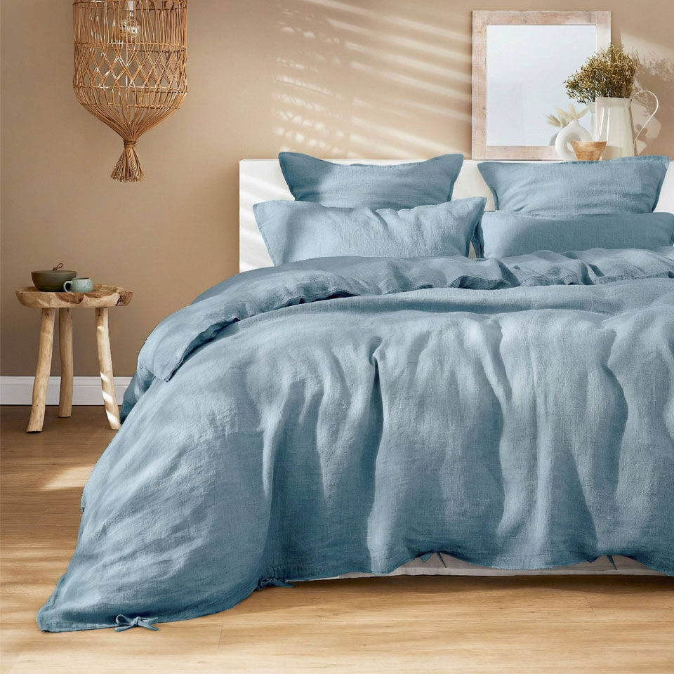 housse de couette unie en lin bleue