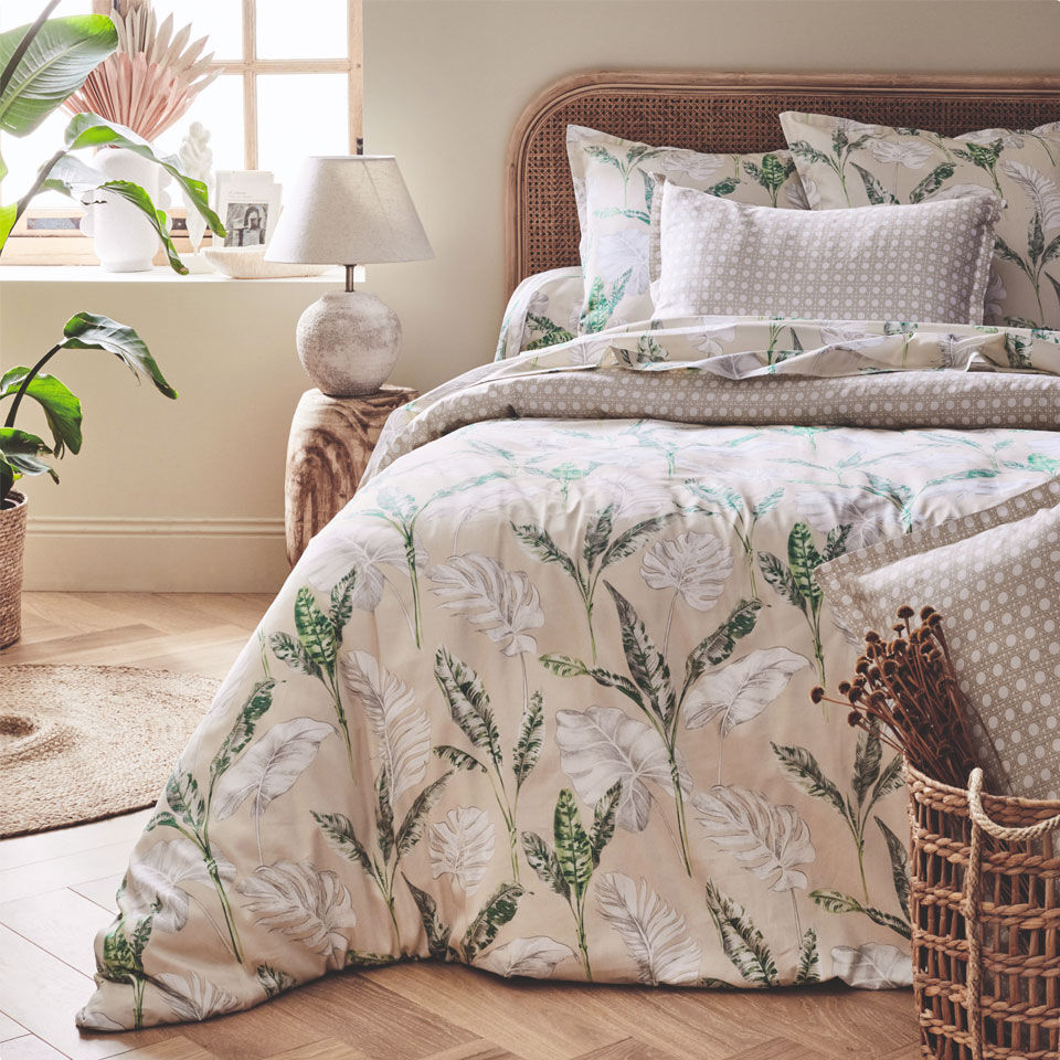 housse de couette en satin de coton motifs végétaux verts