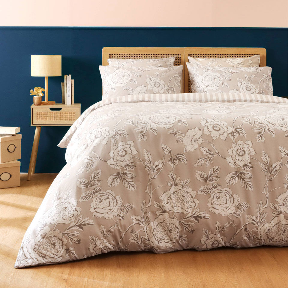 housse de couette coton motifs floraux beige
