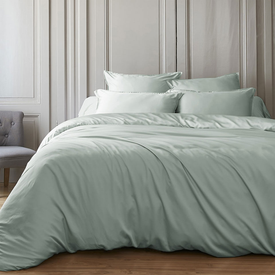housse de couette en satin de bambou vert eucalyptus