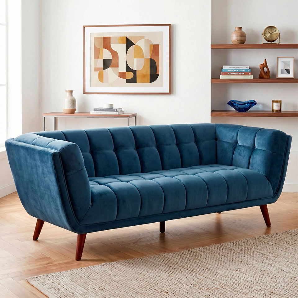 3er Sofa Samt Dunkelblau